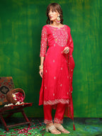 Hand Embroidered Kurta With Pant & Embroidered Dupatta, Pink - Hiral Fashion | Grocsy