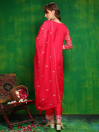 Hand Embroidered Kurta With Pant & Embroidered Dupatta, Pink - Hiral Fashion | Grocsy