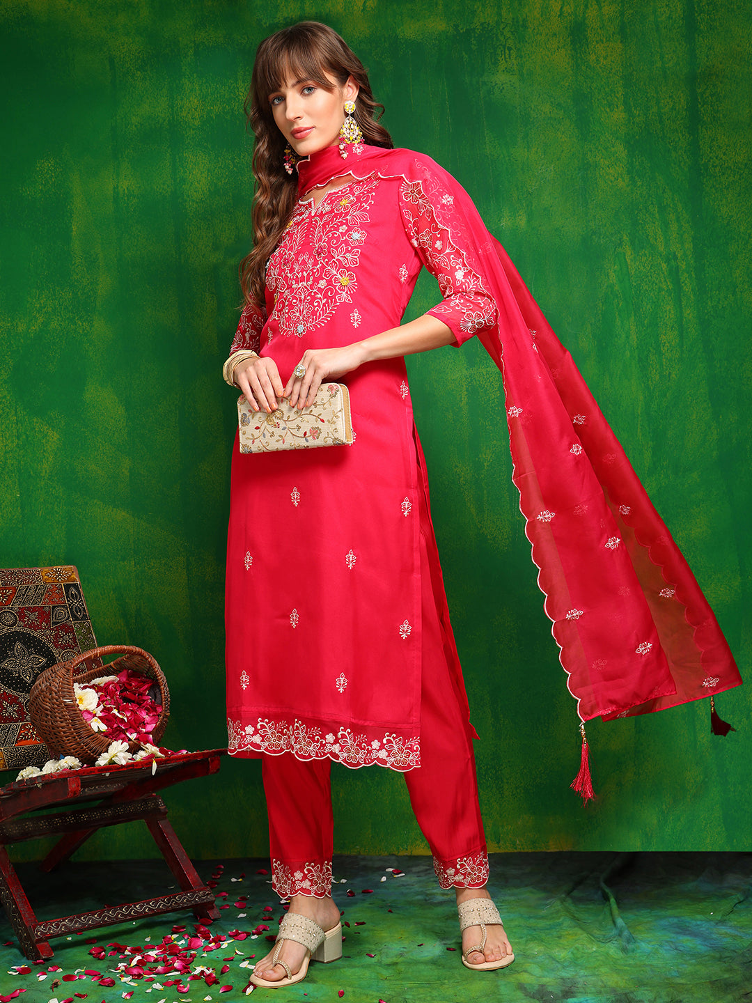 Hand Embroidered Kurta With Pant & Embroidered Dupatta, Pink - Hiral Fashion | Grocsy