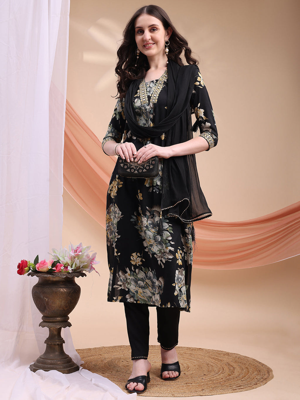 Floral Printed A-Line Kurta With Pant & Dupatta, Black - Hiral Fashion | Grocsy