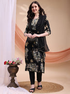 Floral Printed A-Line Kurta With Pant & Dupatta, Black - Hiral Fashion | Grocsy