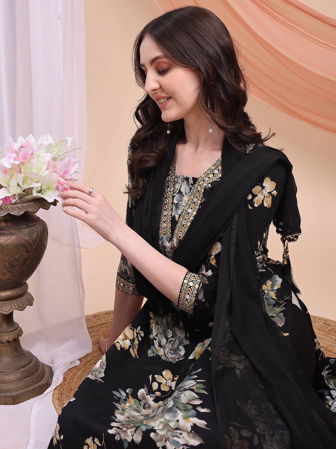 Floral Printed A-Line Kurta With Pant & Dupatta, Black - Hiral Fashion | Grocsy
