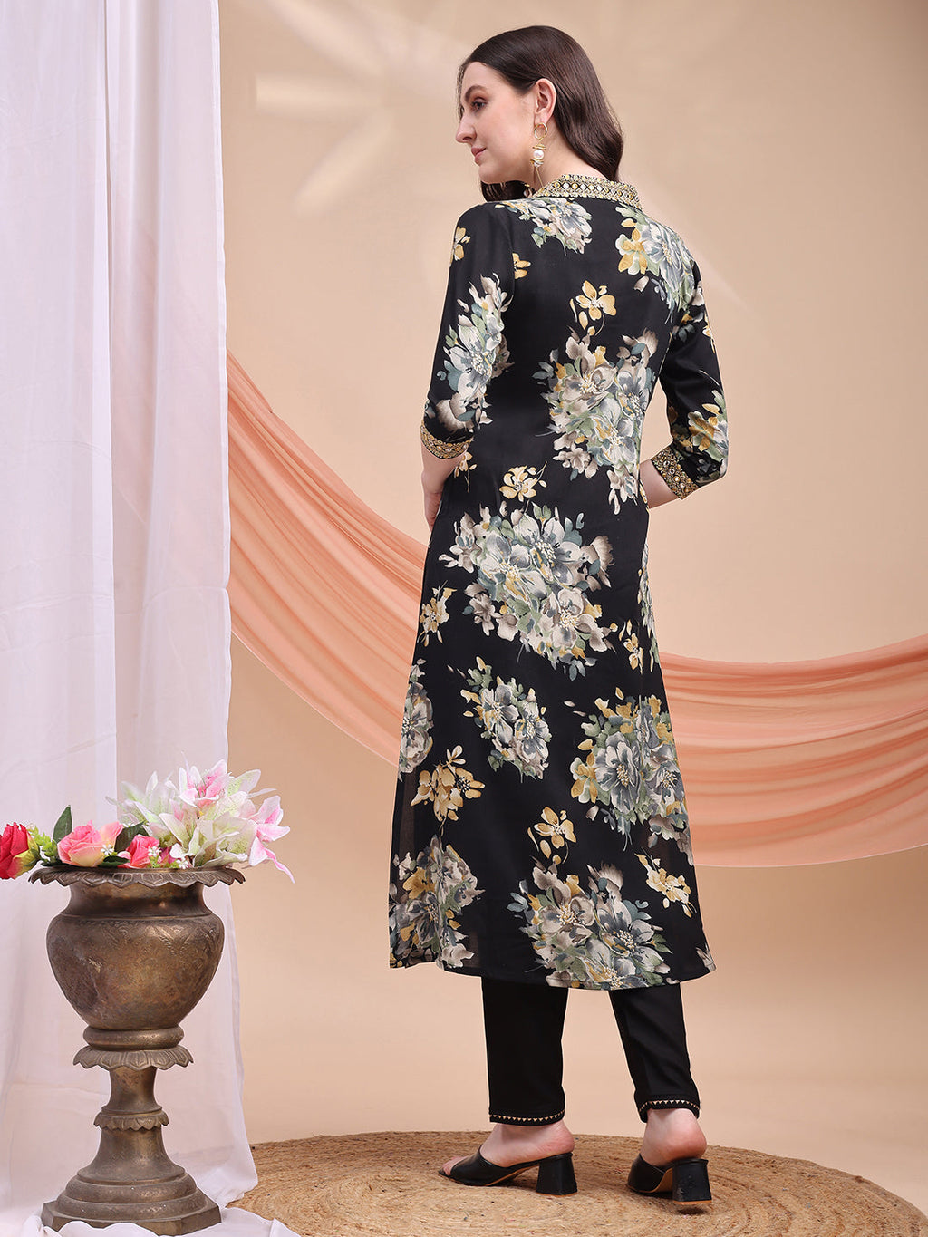 Floral Printed A-Line Kurta With Pant & Dupatta, Black - Hiral Fashion | Grocsy