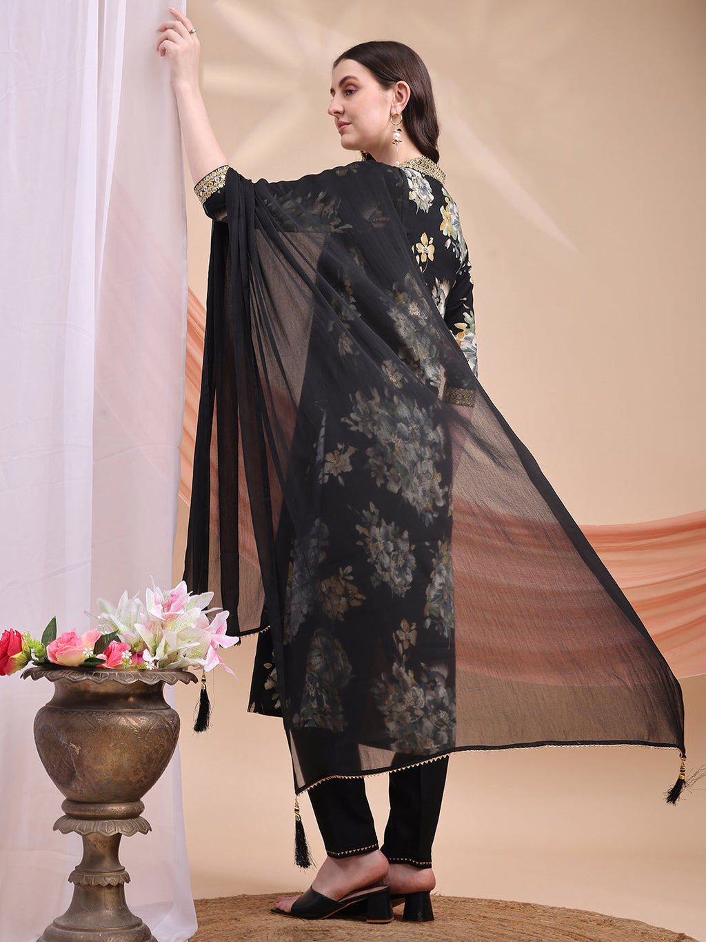 Floral Printed A-Line Kurta With Pant & Dupatta, Black - Hiral Fashion | Grocsy