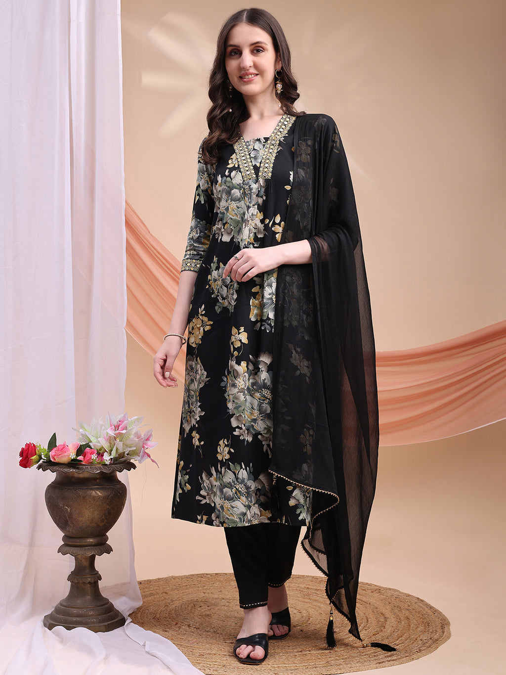 Floral Printed A-Line Kurta With Pant & Dupatta, Black - Hiral Fashion | Grocsy