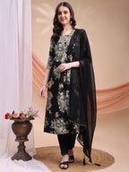 Floral Printed A-Line Kurta With Pant & Dupatta, Black - Hiral Fashion | Grocsy