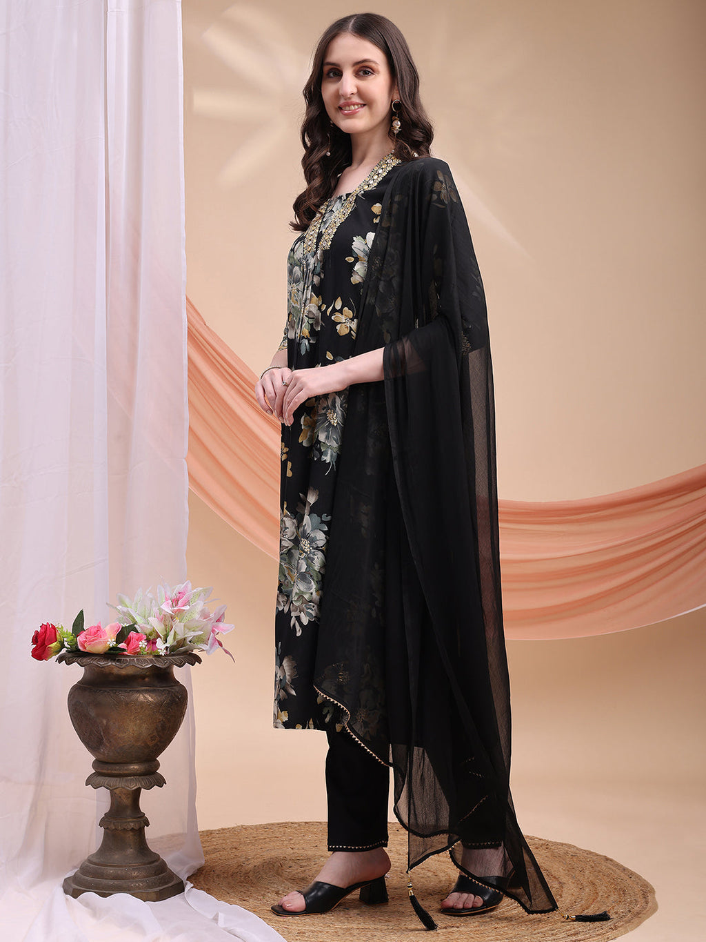 Floral Printed A-Line Kurta With Pant & Dupatta, Black - Hiral Fashion | Grocsy