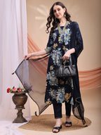 Floral Printed A-Line Kurta With Pant & Dupatta, Navy Blue - Hiral Fashion | Grocsy