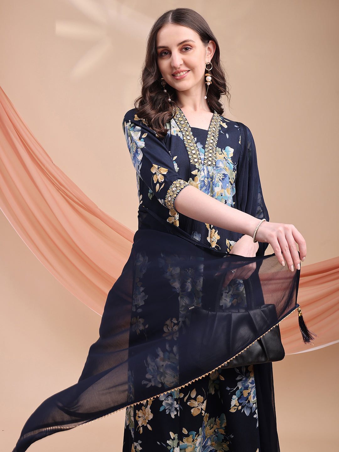 Floral Printed A-Line Kurta With Pant & Dupatta, Navy Blue - Hiral Fashion | Grocsy