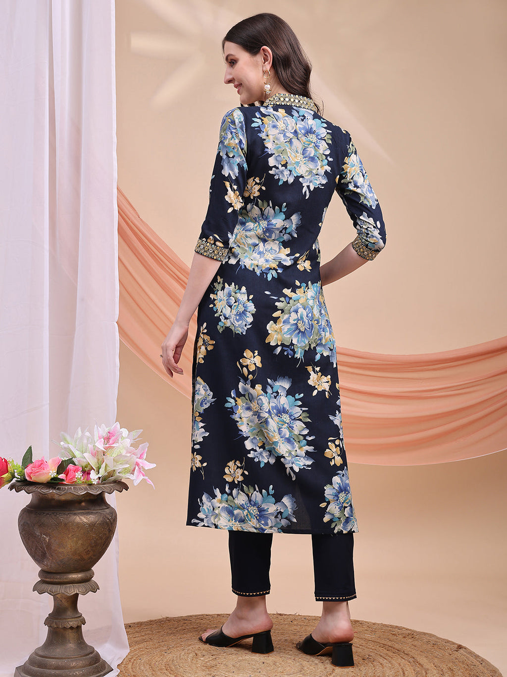 Floral Printed A-Line Kurta With Pant & Dupatta, Navy Blue - Hiral Fashion | Grocsy