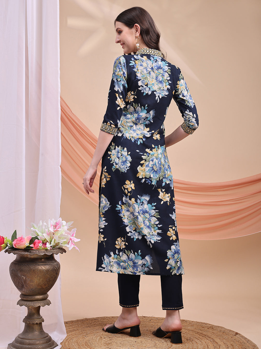Floral Printed A-Line Kurta With Pant & Dupatta, Navy Blue - Hiral Fashion | Grocsy