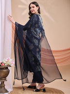 Floral Printed A-Line Kurta With Pant & Dupatta, Navy Blue - Hiral Fashion | Grocsy