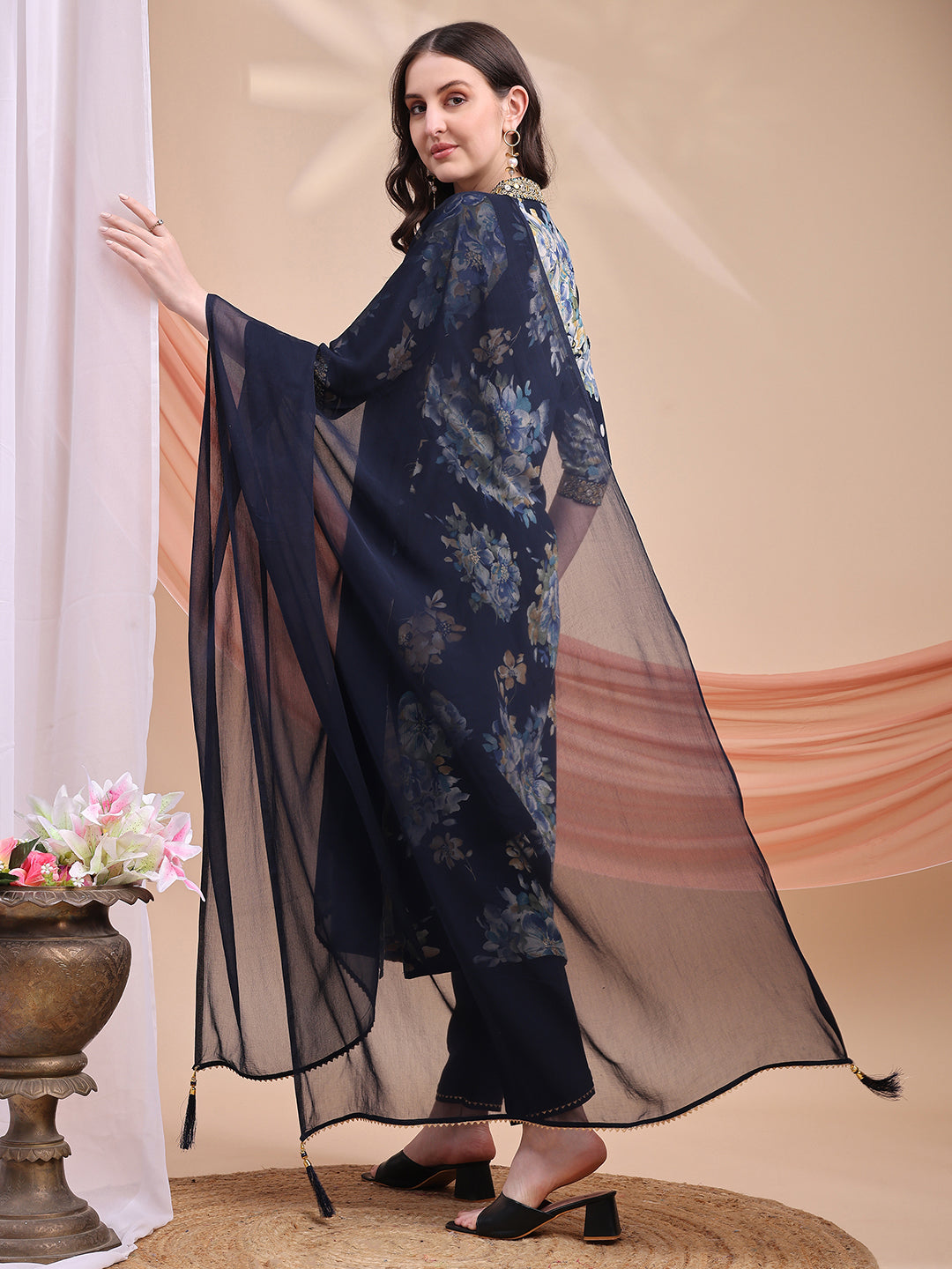 Floral Printed A-Line Kurta With Pant & Dupatta, Navy Blue - Hiral Fashion | Grocsy