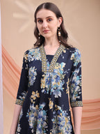 Floral Printed A-Line Kurta With Pant & Dupatta, Navy Blue - Hiral Fashion | Grocsy