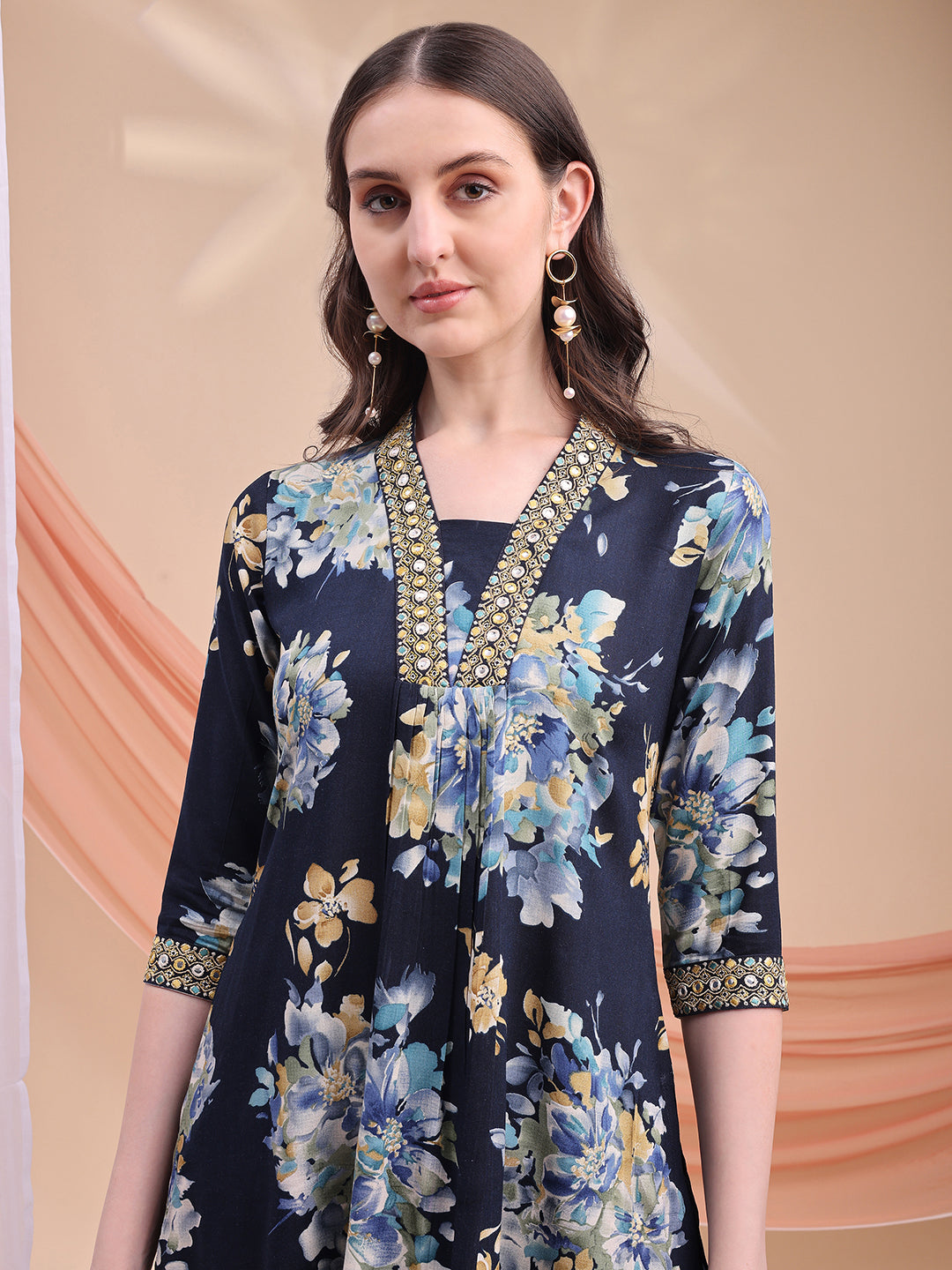 Floral Printed A-Line Kurta With Pant & Dupatta, Navy Blue - Hiral Fashion | Grocsy