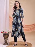 Floral Printed A-Line Kurta With Pant & Dupatta, Navy Blue - Hiral Fashion | Grocsy