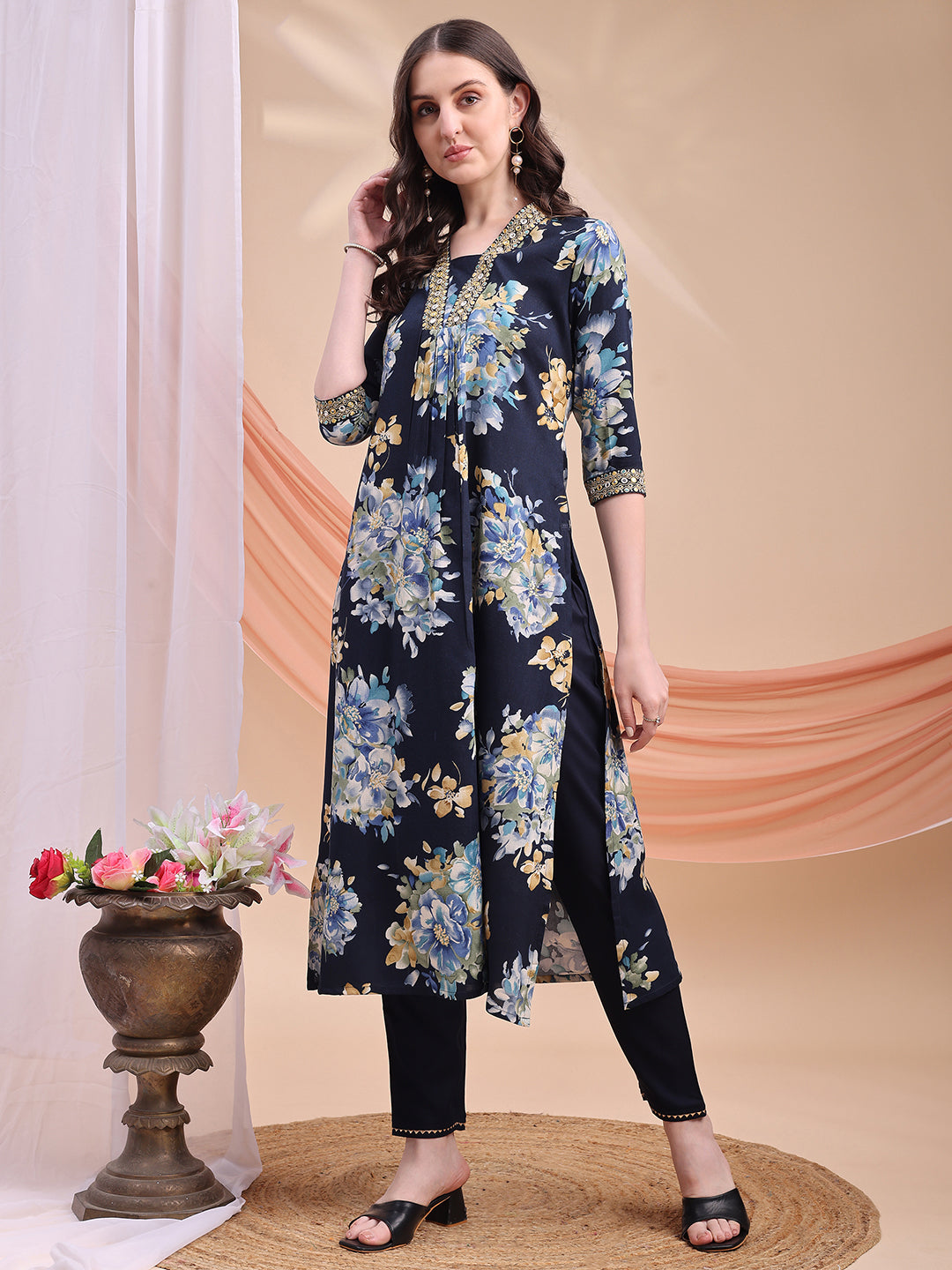 Floral Printed A-Line Kurta With Pant & Dupatta, Navy Blue - Hiral Fashion | Grocsy