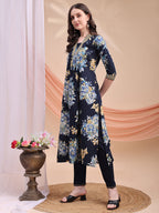 Floral Printed A-Line Kurta With Pant & Dupatta, Navy Blue - Hiral Fashion | Grocsy