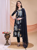 Floral Printed A-Line Kurta With Pant & Dupatta, Navy Blue - Hiral Fashion | Grocsy