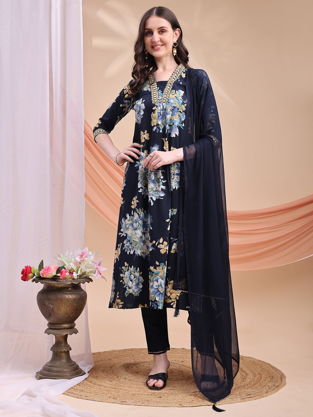 Floral Printed A-Line Kurta With Pant & Dupatta, Navy Blue - Hiral Fashion | Grocsy