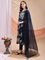 Floral Printed A-Line Kurta With Pant & Dupatta, Navy Blue - Hiral Fashion | Grocsy