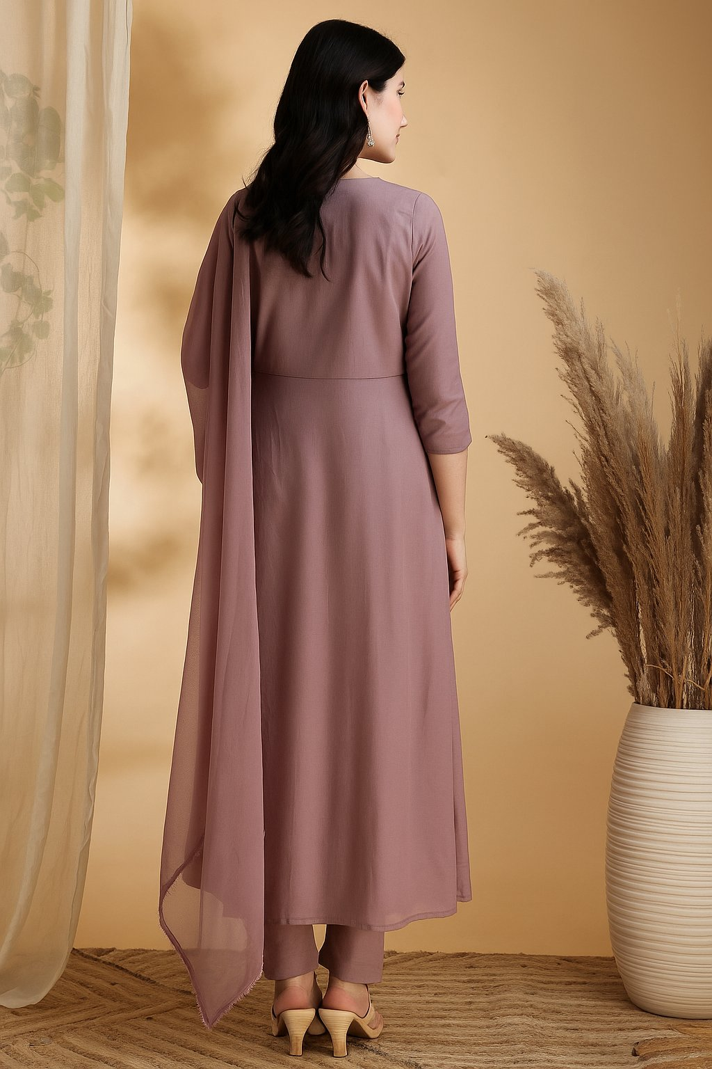 Angrakha Style Embroidered Anarkali Kurta With Pant & Dupatta, Mauve - Hiral Fashion | Grocsy