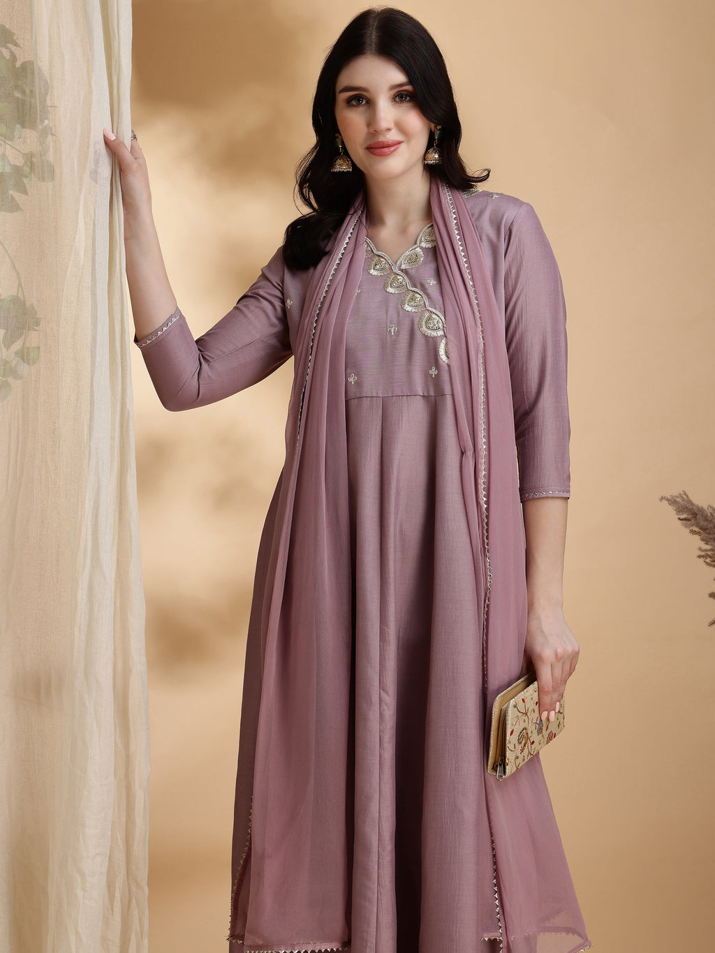 Angrakha Style Embroidered Anarkali Kurta With Pant & Dupatta, Mauve - Hiral Fashion | Grocsy