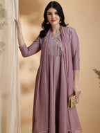 Angrakha Style Embroidered Anarkali Kurta With Pant & Dupatta, Mauve - Hiral Fashion | Grocsy