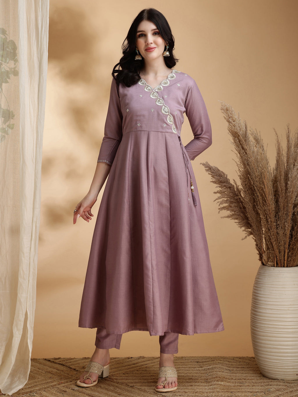 Angrakha Style Embroidered Anarkali Kurta With Pant & Dupatta, Mauve - Hiral Fashion | Grocsy