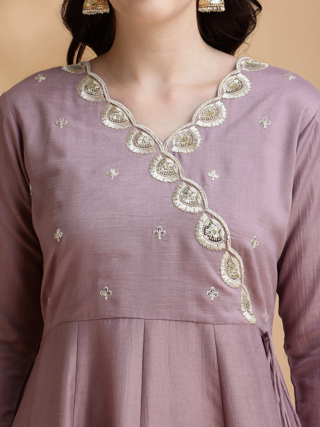 Angrakha Style Embroidered Anarkali Kurta With Pant & Dupatta, Mauve - Hiral Fashion | Grocsy
