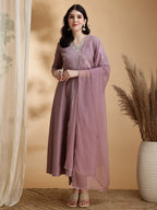 Angrakha Style Embroidered Anarkali Kurta With Pant & Dupatta, Mauve - Hiral Fashion | Grocsy