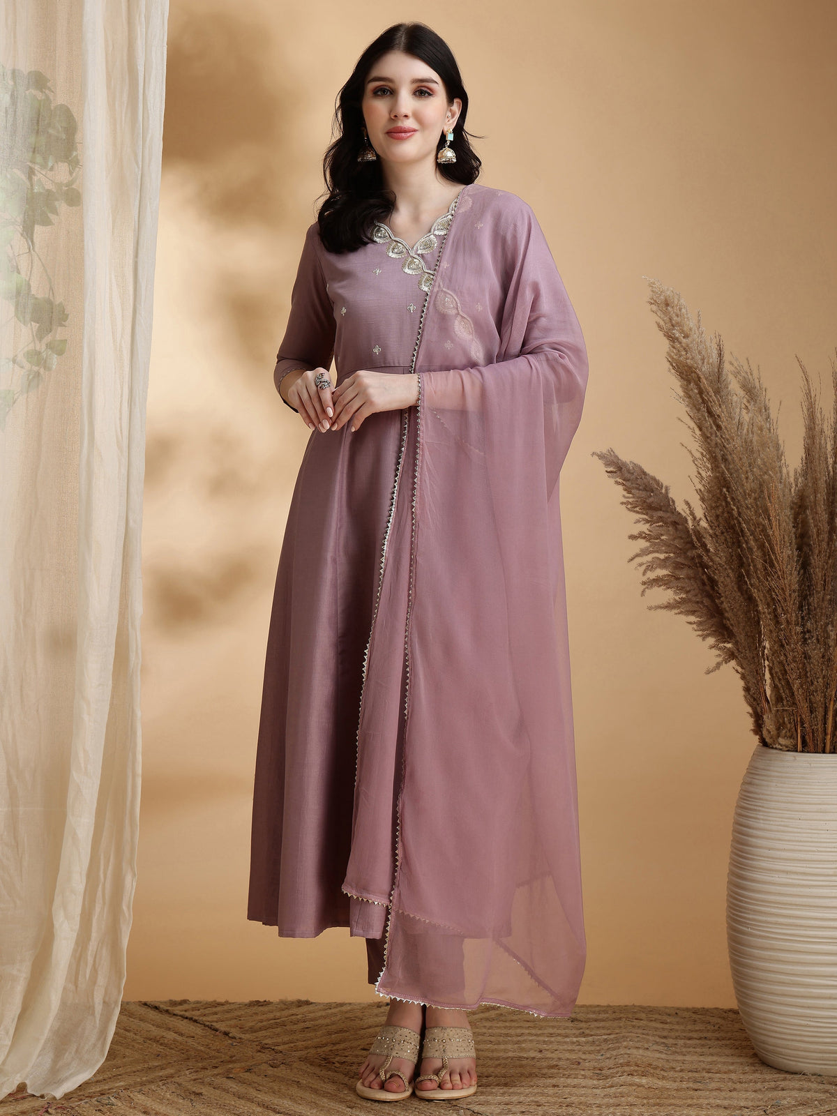 Angrakha Style Embroidered Anarkali Kurta With Pant & Dupatta, Mauve - Hiral Fashion | Grocsy