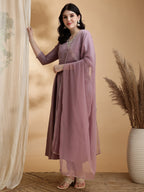 Angrakha Style Embroidered Anarkali Kurta With Pant & Dupatta, Mauve - Hiral Fashion | Grocsy