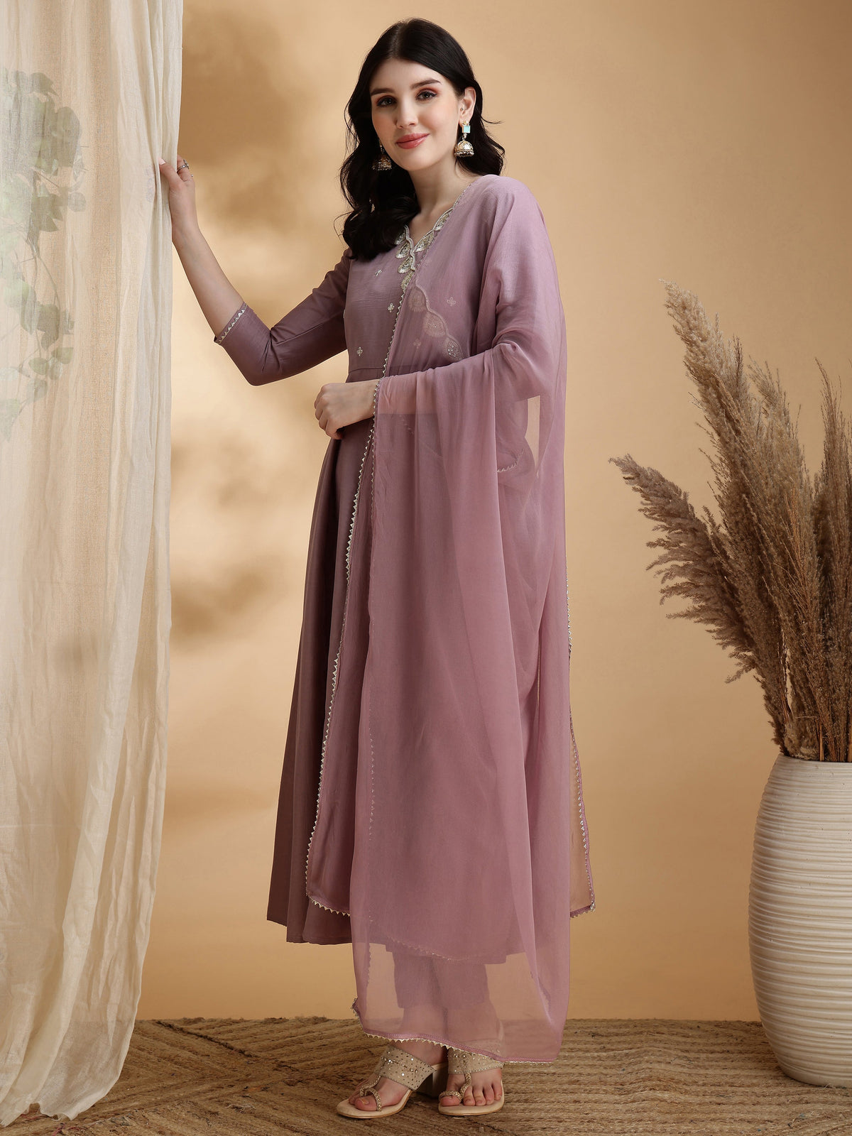 Angrakha Style Embroidered Anarkali Kurta With Pant & Dupatta, Mauve - Hiral Fashion | Grocsy