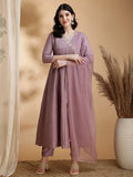 Angrakha Style Embroidered Anarkali Kurta With Pant & Dupatta, Mauve - Hiral Fashion | Grocsy