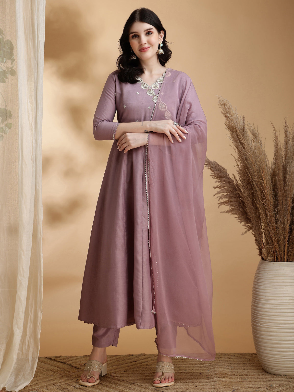 Angrakha Style Embroidered Anarkali Kurta With Pant & Dupatta, Mauve - Hiral Fashion | Grocsy
