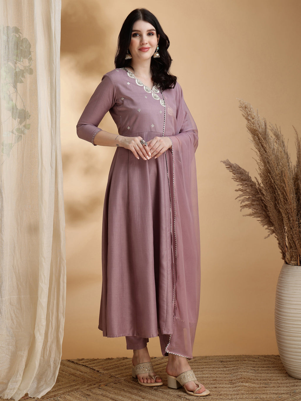 Angrakha Style Embroidered Anarkali Kurta With Pant & Dupatta, Mauve - Hiral Fashion | Grocsy