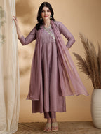 Angrakha Style Embroidered Anarkali Kurta With Pant & Dupatta, Mauve - Hiral Fashion | Grocsy