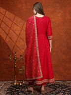 Embroidered Anarkali Kurta With Pant & Bandhni Printed Dupatta, Pink - Hiral Fashion | Grocsy