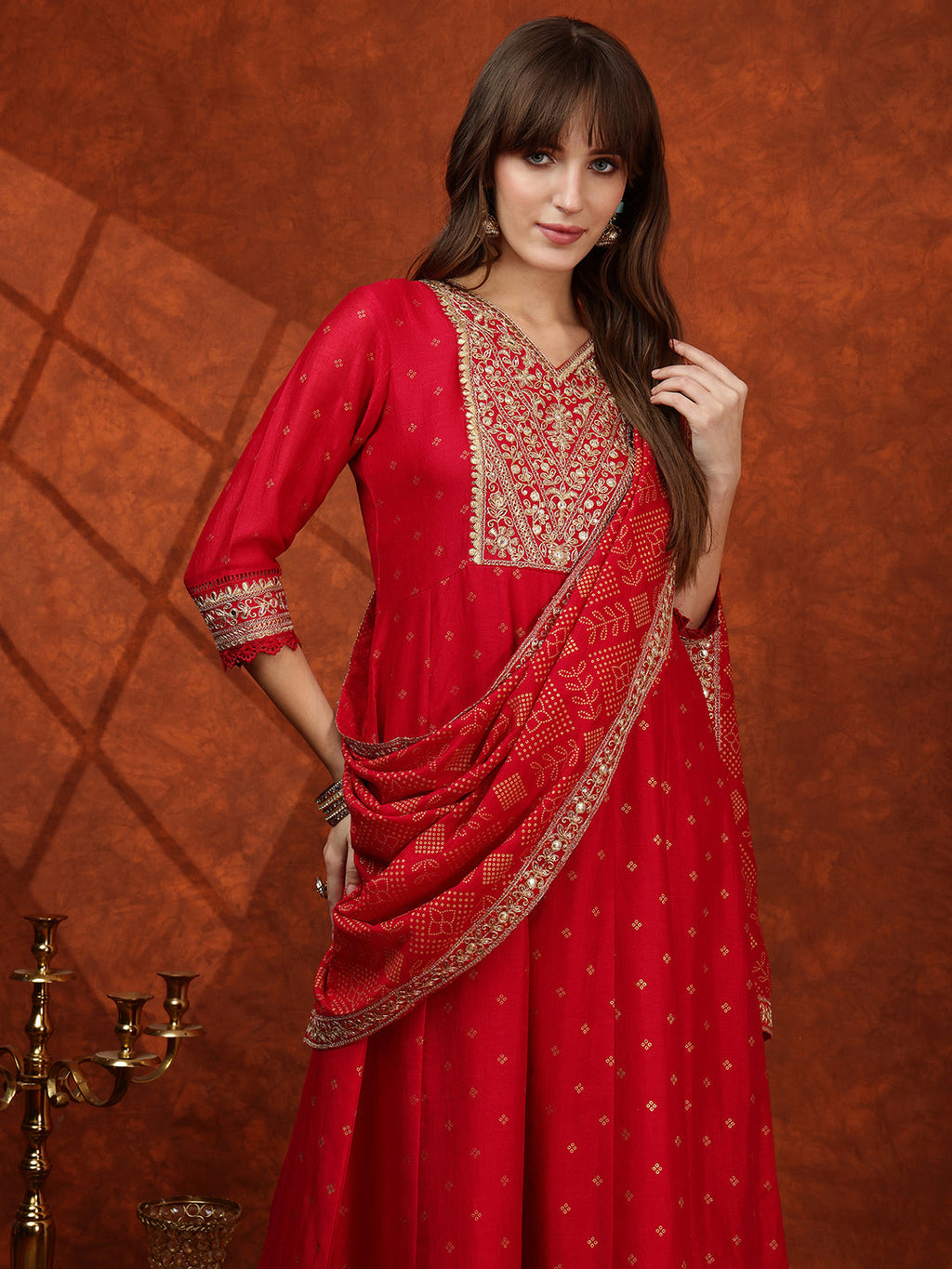 Embroidered Anarkali Kurta With Pant & Bandhni Printed Dupatta, Pink - Hiral Fashion | Grocsy