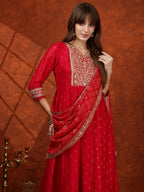 Embroidered Anarkali Kurta With Pant & Bandhni Printed Dupatta, Pink - Hiral Fashion | Grocsy