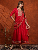 Embroidered Anarkali Kurta With Pant & Bandhni Printed Dupatta, Pink - Hiral Fashion | Grocsy