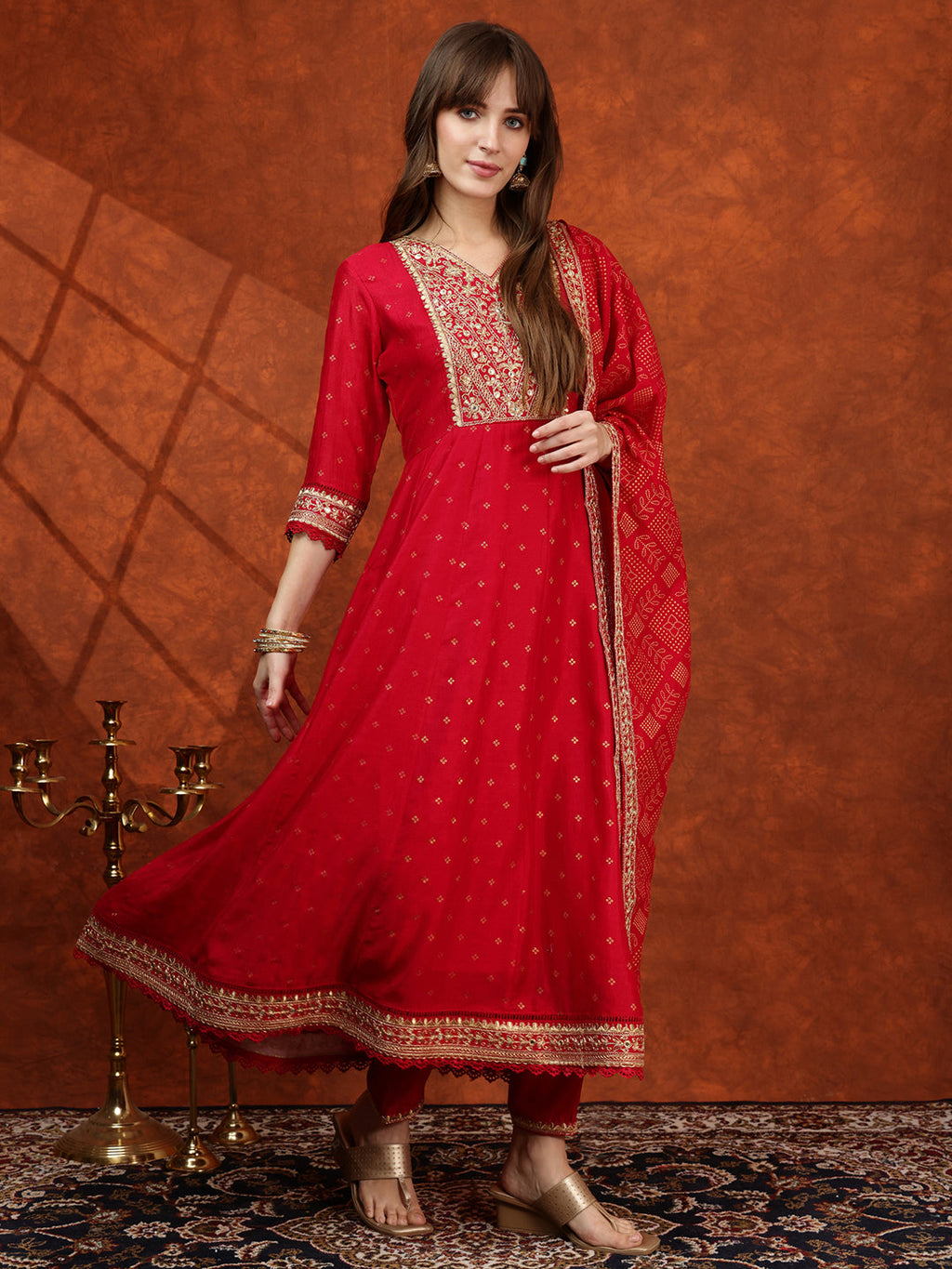 Embroidered Anarkali Kurta With Pant & Bandhni Printed Dupatta, Pink - Hiral Fashion | Grocsy