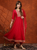 Embroidered Anarkali Kurta With Pant & Bandhni Printed Dupatta, Pink - Hiral Fashion | Grocsy
