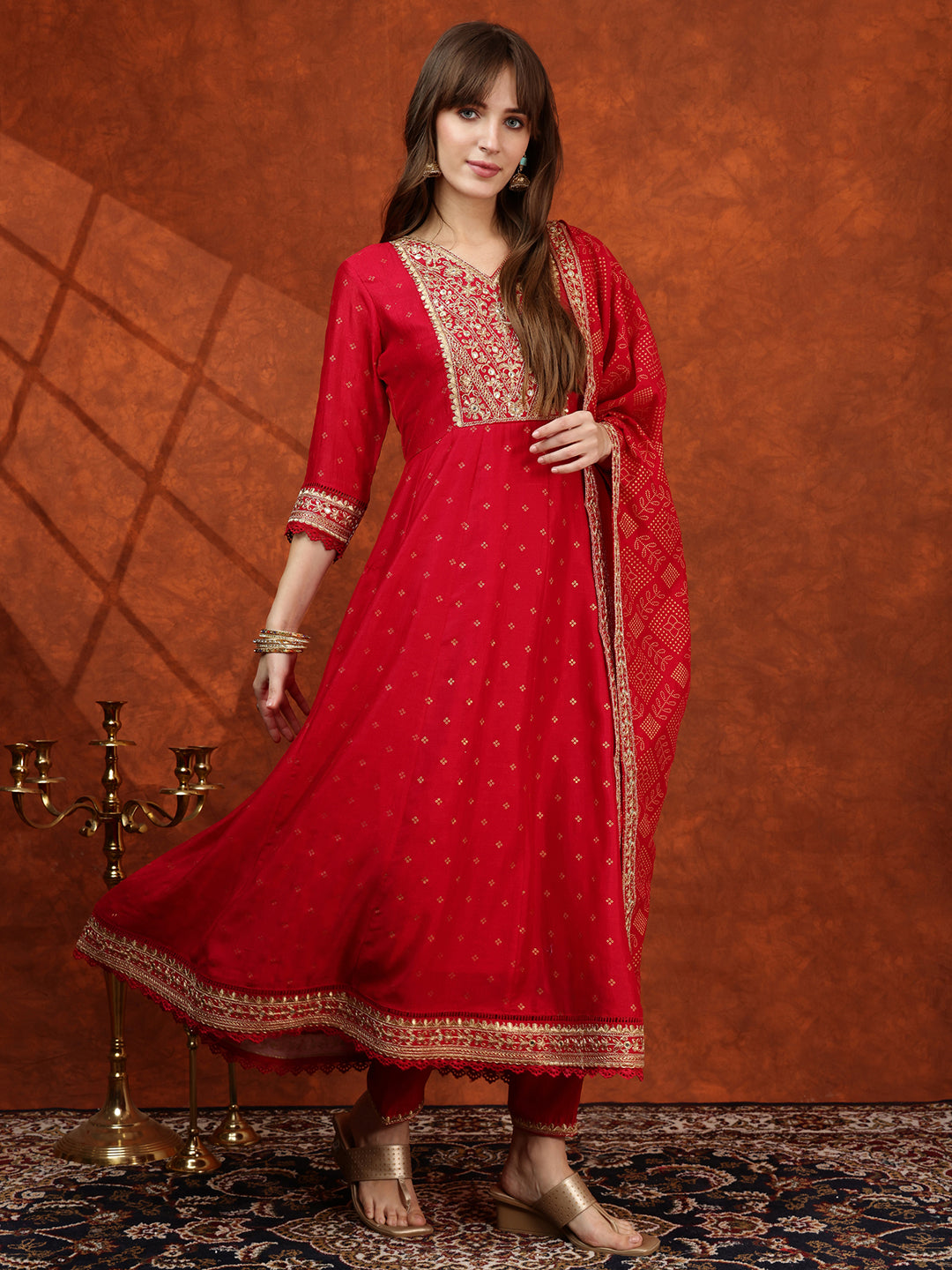 Embroidered Anarkali Kurta With Pant & Bandhni Printed Dupatta, Pink - Hiral Fashion | Grocsy