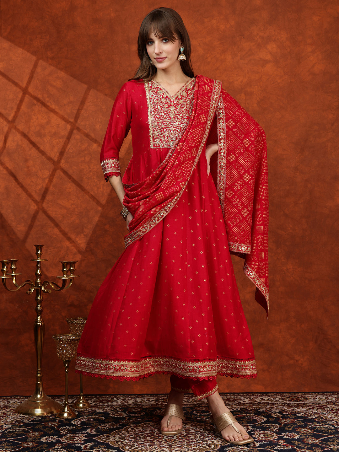 Embroidered Anarkali Kurta With Pant & Bandhni Printed Dupatta, Pink - Hiral Fashion | Grocsy