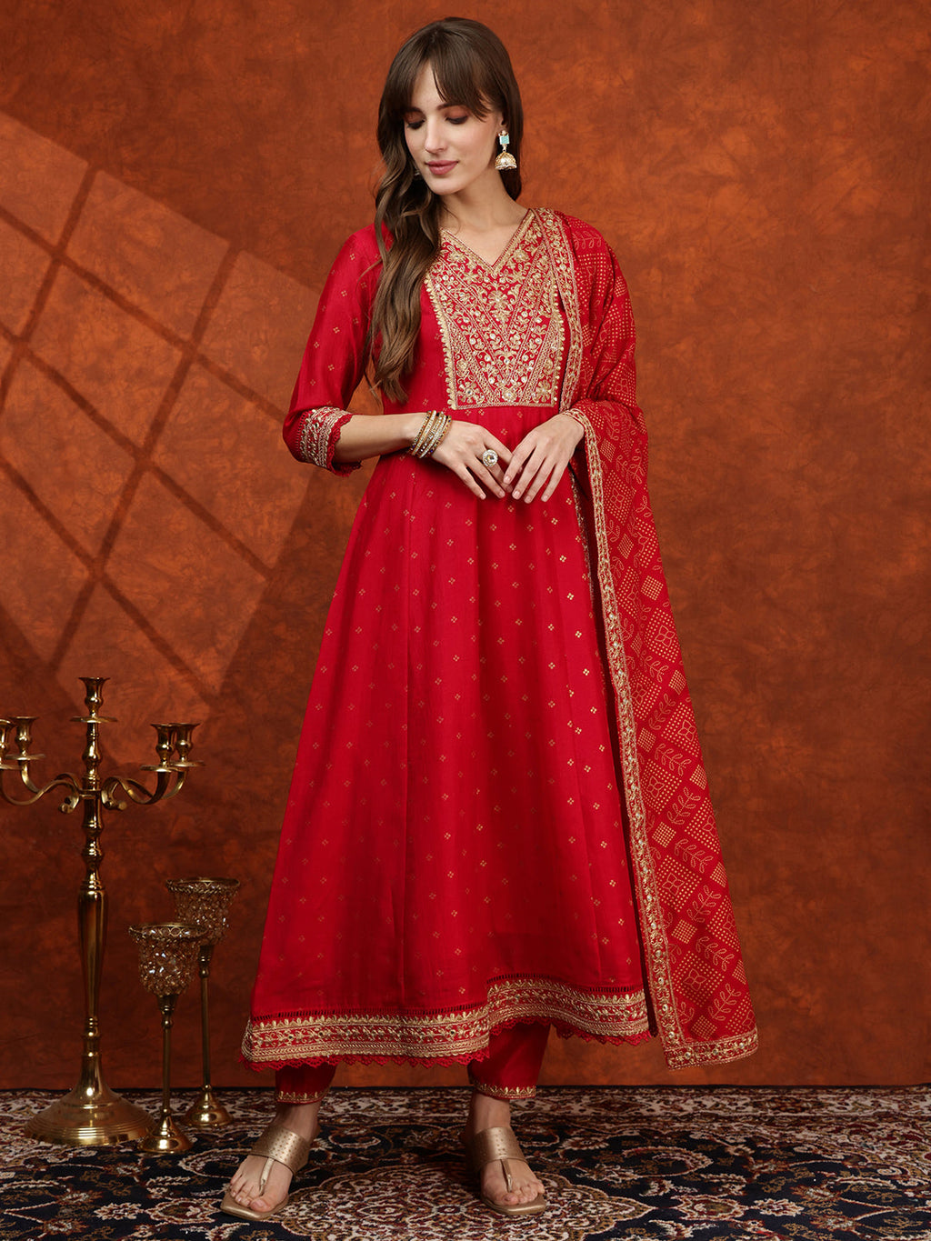 Embroidered Anarkali Kurta With Pant & Bandhni Printed Dupatta, Pink - Hiral Fashion | Grocsy
