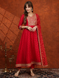Embroidered Anarkali Kurta With Pant & Bandhni Printed Dupatta, Pink - Hiral Fashion | Grocsy