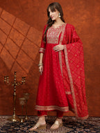 Embroidered Anarkali Kurta With Pant & Bandhni Printed Dupatta, Pink - Hiral Fashion | Grocsy