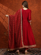 Embroidered Anarkali Kurta With Pant & Bandhni Printed Dupatta, Maroon - Hiral Fashion | Grocsy
